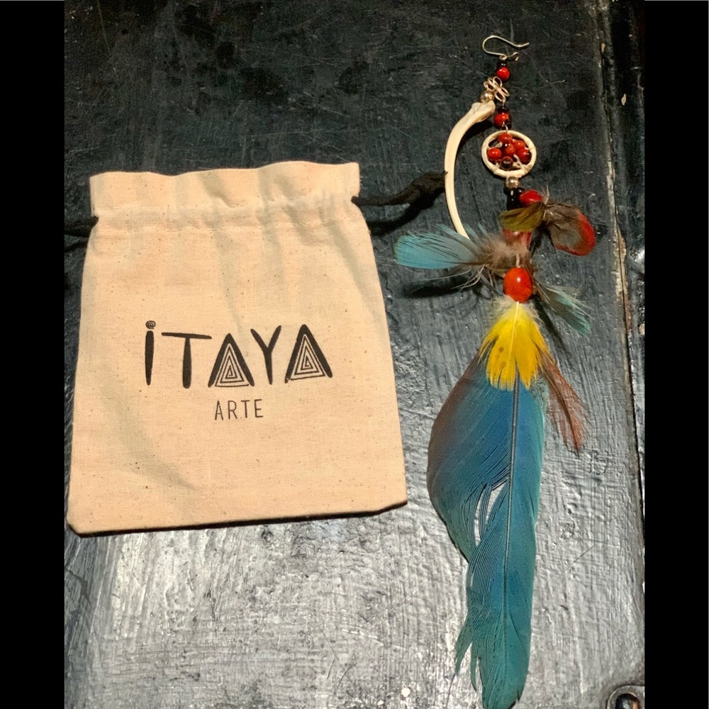Amazonian long Parrot feather earring
